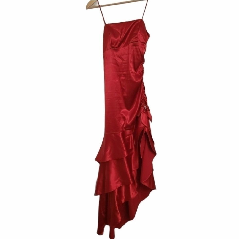 Jade Red Assemtrical Prom Dress Tiered Ruffle Skir